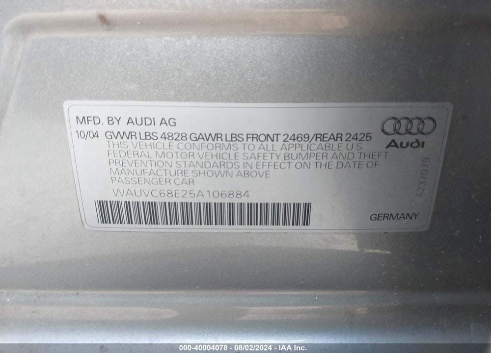 2005 AUDI A4 1.8T AVANT SPECIAL EDITION VIN: WAUVC68E25A106884