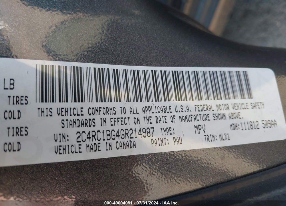 2016 CHRYSLER TOWN & COUNTRY TOURING VIN: 2C4RC1BG4GR214987