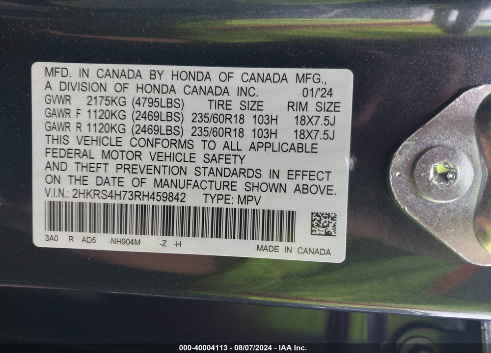 2024 HONDA CR-V EX-L AWD VIN: 2HKRS4H73RH459842