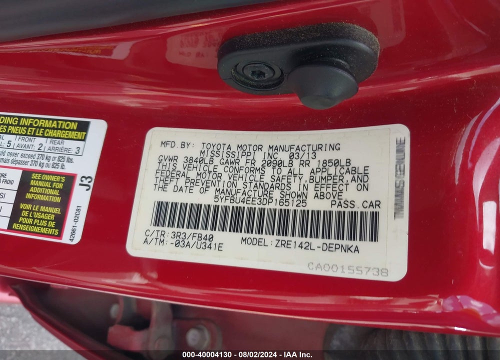 2013 TOYOTA COROLLA LE VIN: 5YFBU4EE3DP165125