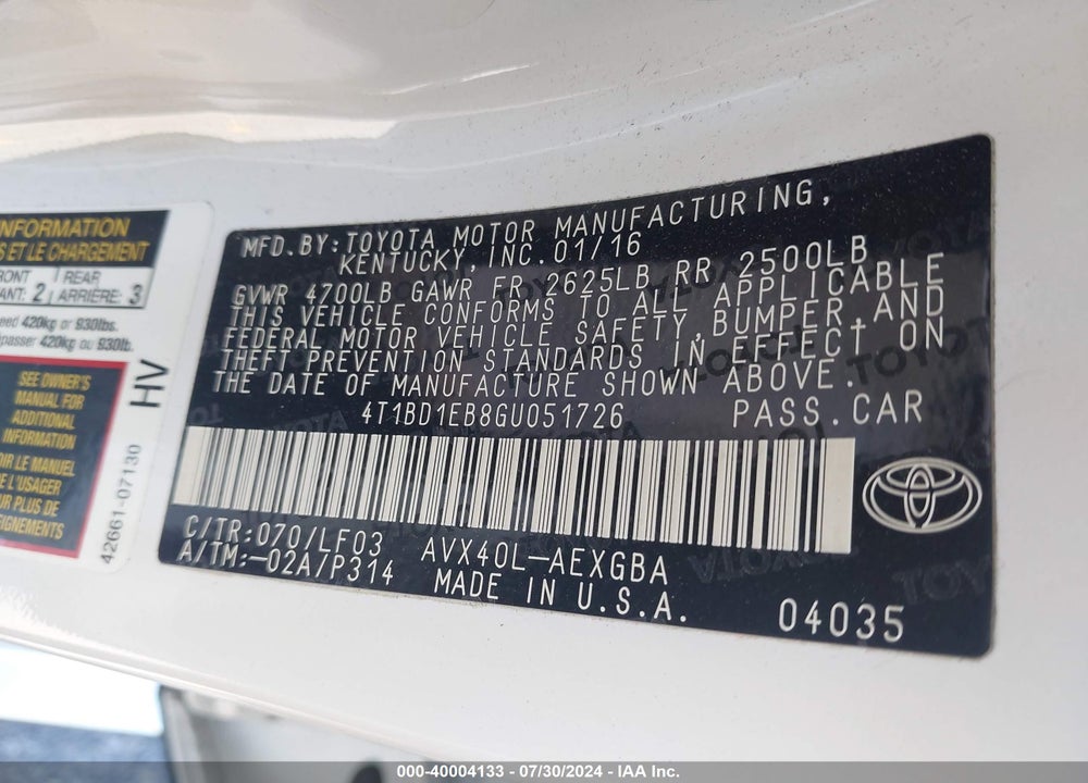 2016 TOYOTA AVALON HYBRID XLE VIN: 4T1BD1EB8GU051726