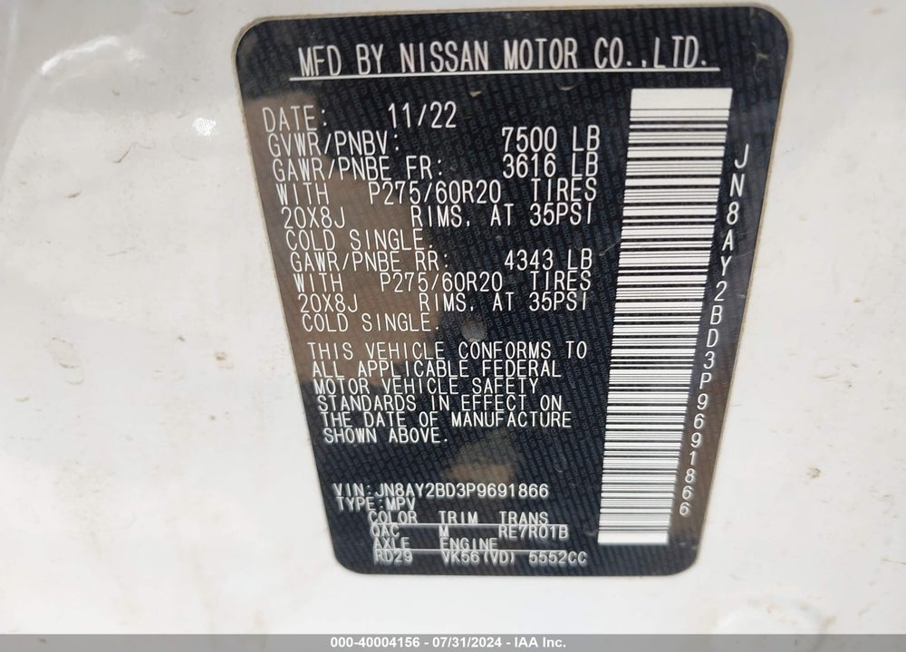 2023 NISSAN ARMADA SL 4WD VIN: JN8AY2BD3P9691866