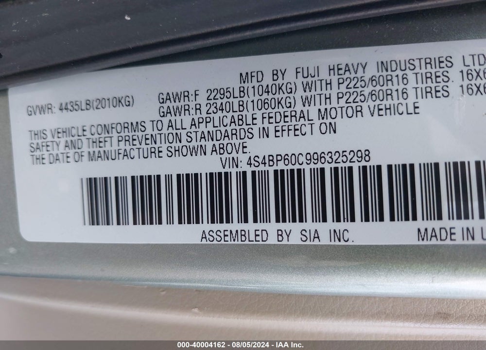 2009 SUBARU OUTBACK 2.5I VIN: 4S4BP60C996325298