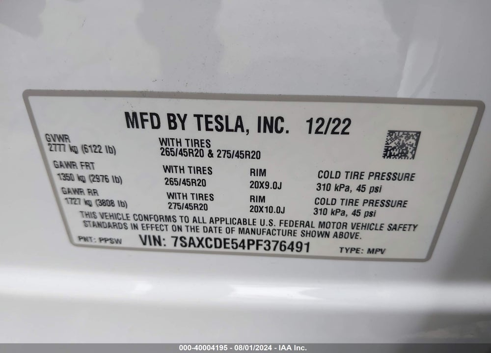 2023 TESLA MODEL X VIN: 7SAXCDE54PF376491