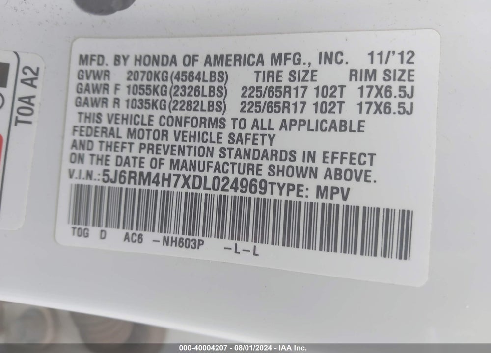 2013 HONDA CR-V EX-L VIN: 5J6RM4H7XDL024969