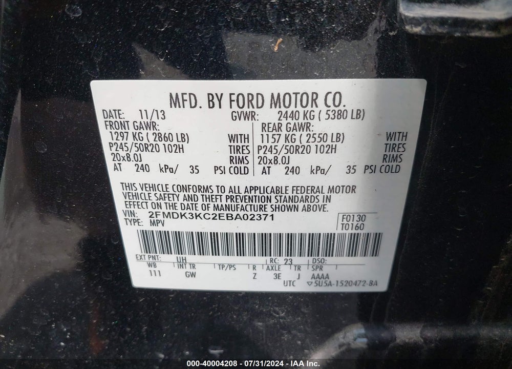 2014 FORD EDGE LIMITED VIN: 2FMDK3KC2EBA02371