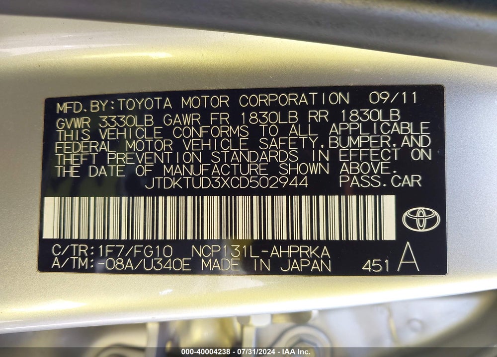 2012 TOYOTA YARIS LE VIN: JTDKTUD3XCD502944