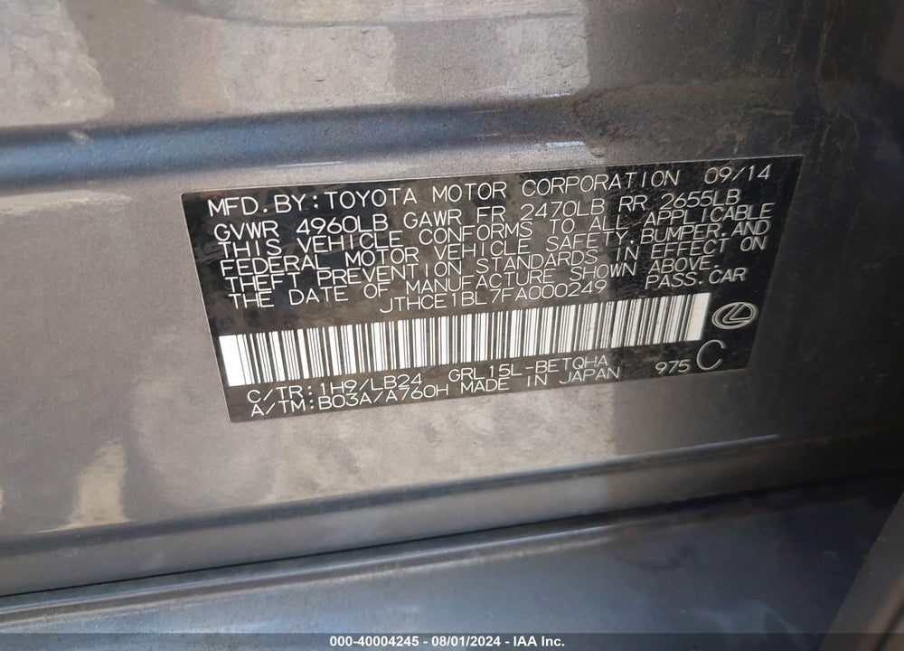 2015 LEXUS GS 350 VIN: JTHCE1BL7FA000249
