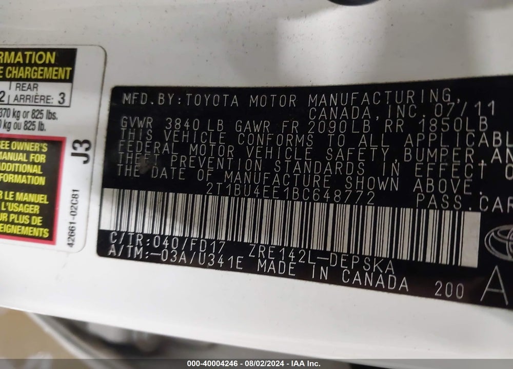 2011 TOYOTA COROLLA S VIN: 2T1BU4EE1BC648772