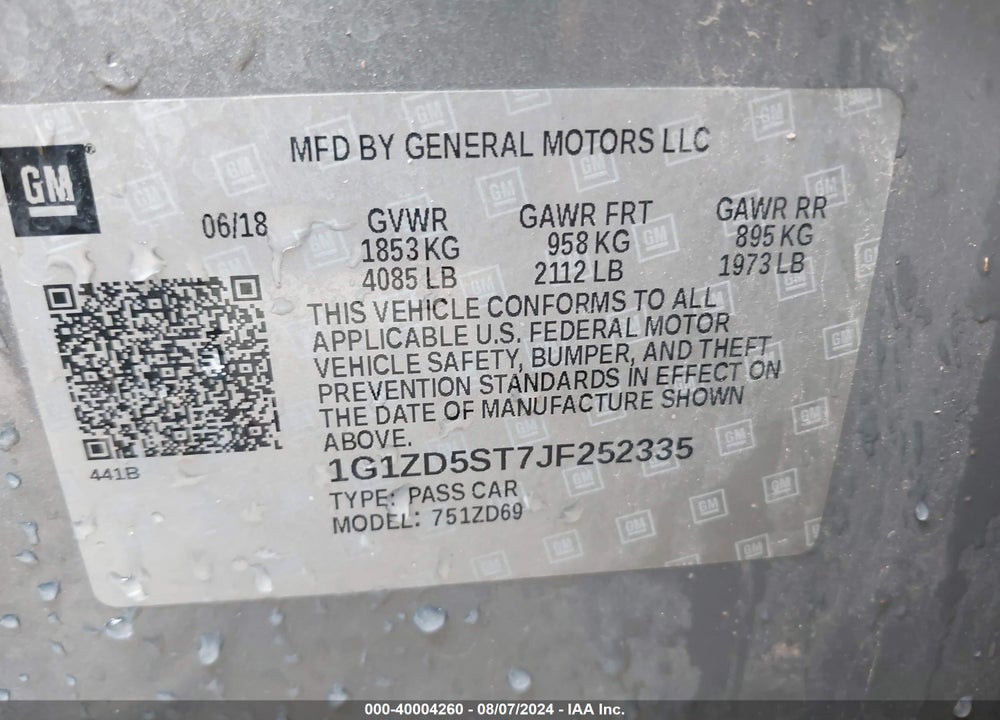 2018 CHEVROLET MALIBU LT VIN: 1G1ZD5ST7JF252335