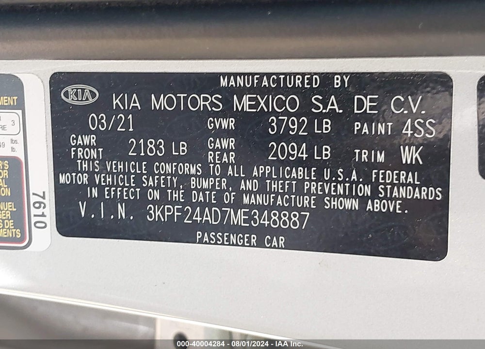 2021 KIA FORTE LXS VIN: 3KPF24AD7ME348887