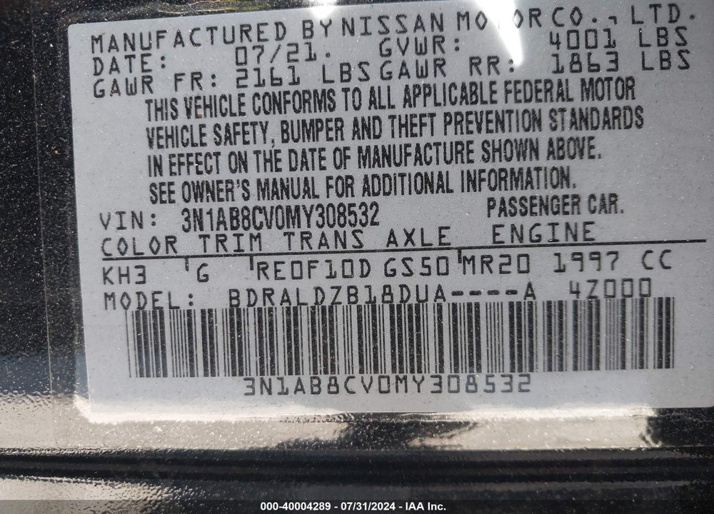 2021 NISSAN SENTRA SV XTRONIC CVT VIN: 3N1AB8CV0MY308532