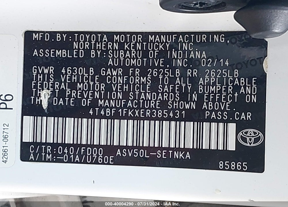 2014 TOYOTA CAMRY LE VIN: 4T4BF1FKXER385431