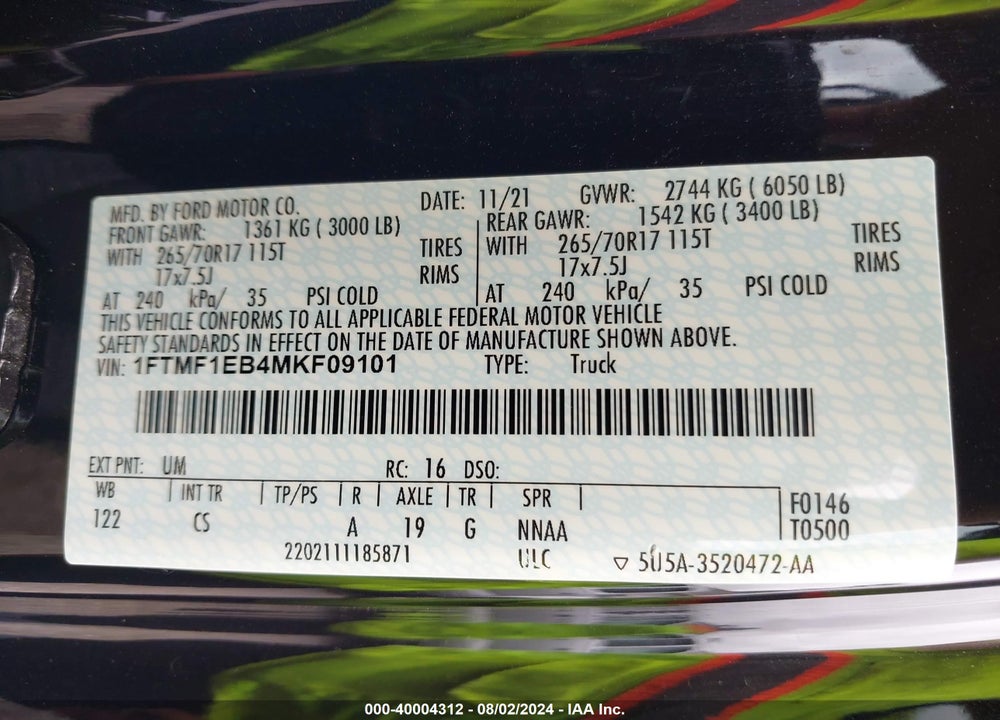 2021 FORD F-150 XL VIN: 1FTMF1EB4MKF09101