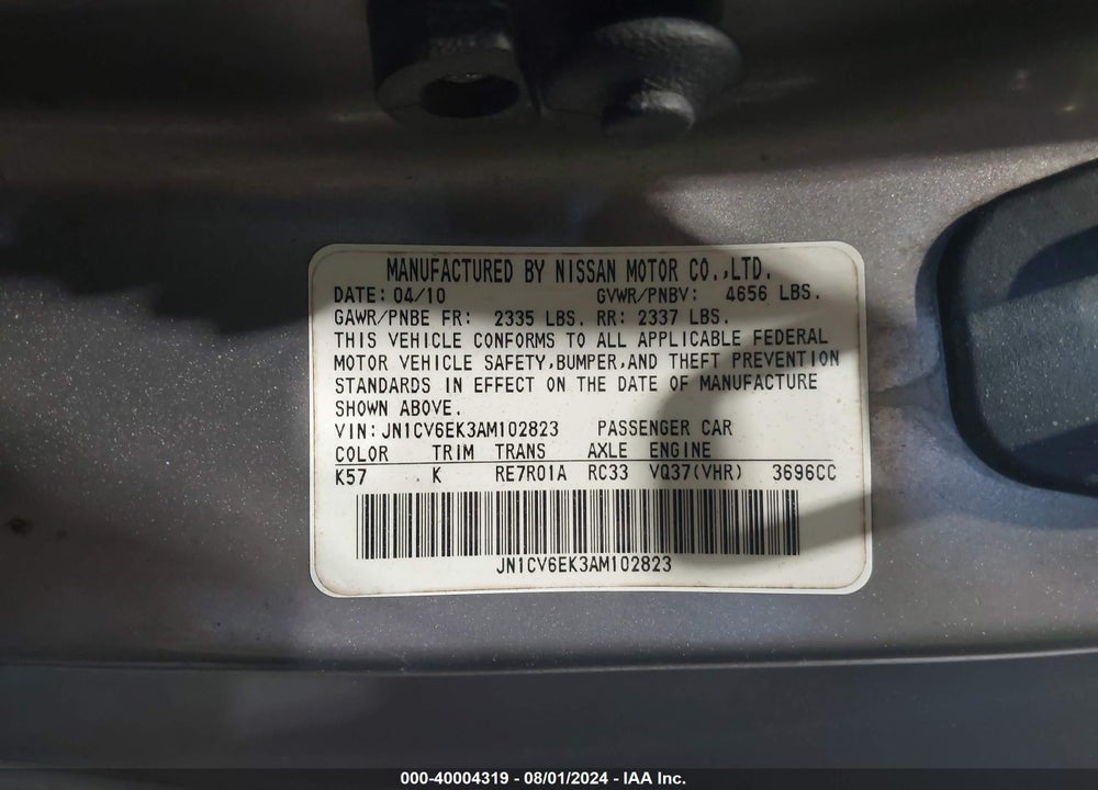2010 INFINITI G37 JOURNEY VIN: JN1CV6EK3AM102823