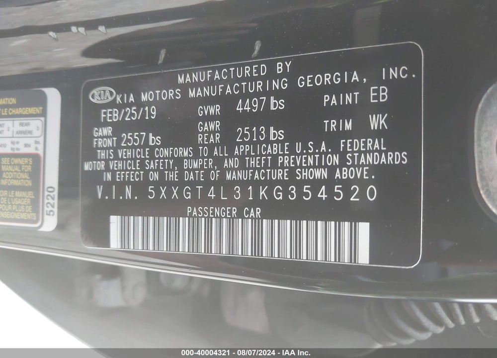 2019 KIA OPTIMA LX VIN: 5XXGT4L31KG354520