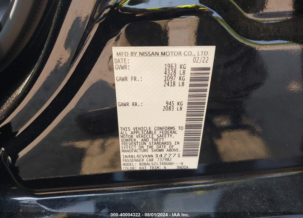 2022 NISSAN ALTIMA SR FWD VIN: 1N4BL4CVXNN347771