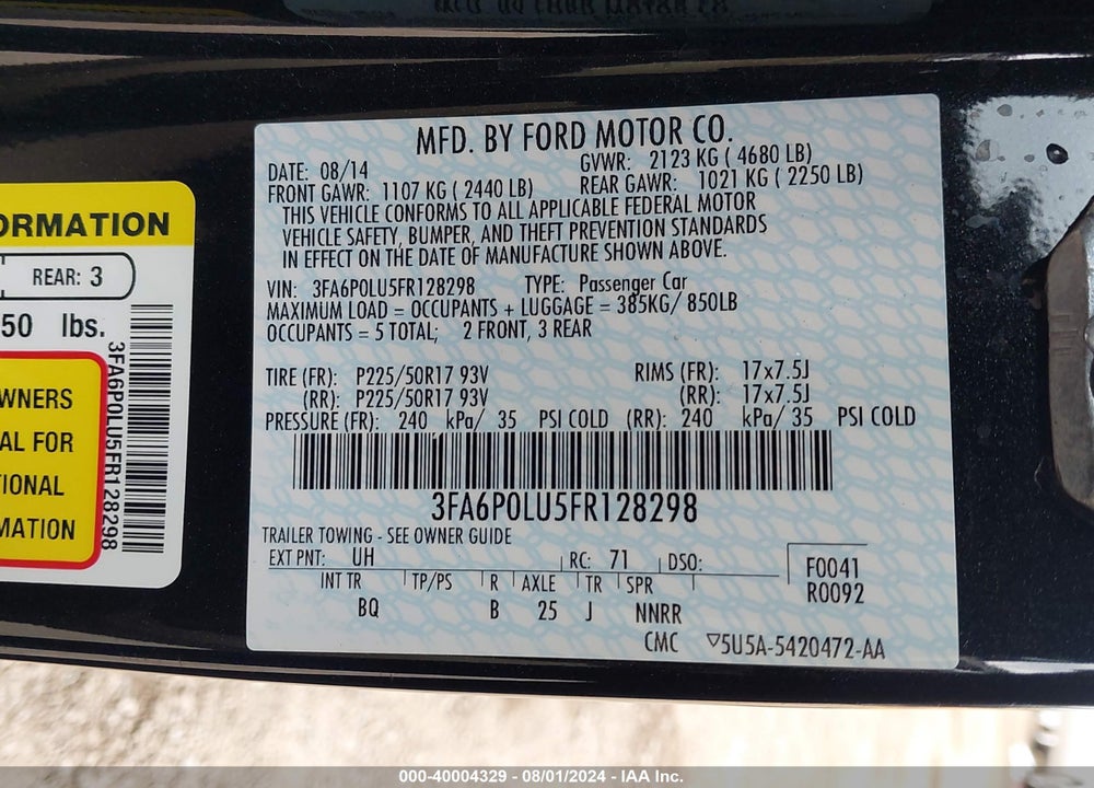 2015 FORD FUSION HYBRID SE VIN: 3FA6P0LU5FR128298