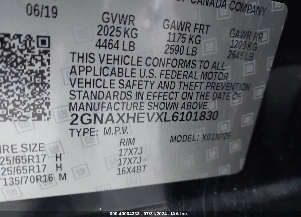 2020 CHEVROLET EQUINOX FWD LS VIN: 2GNAXHEVXL6101830
