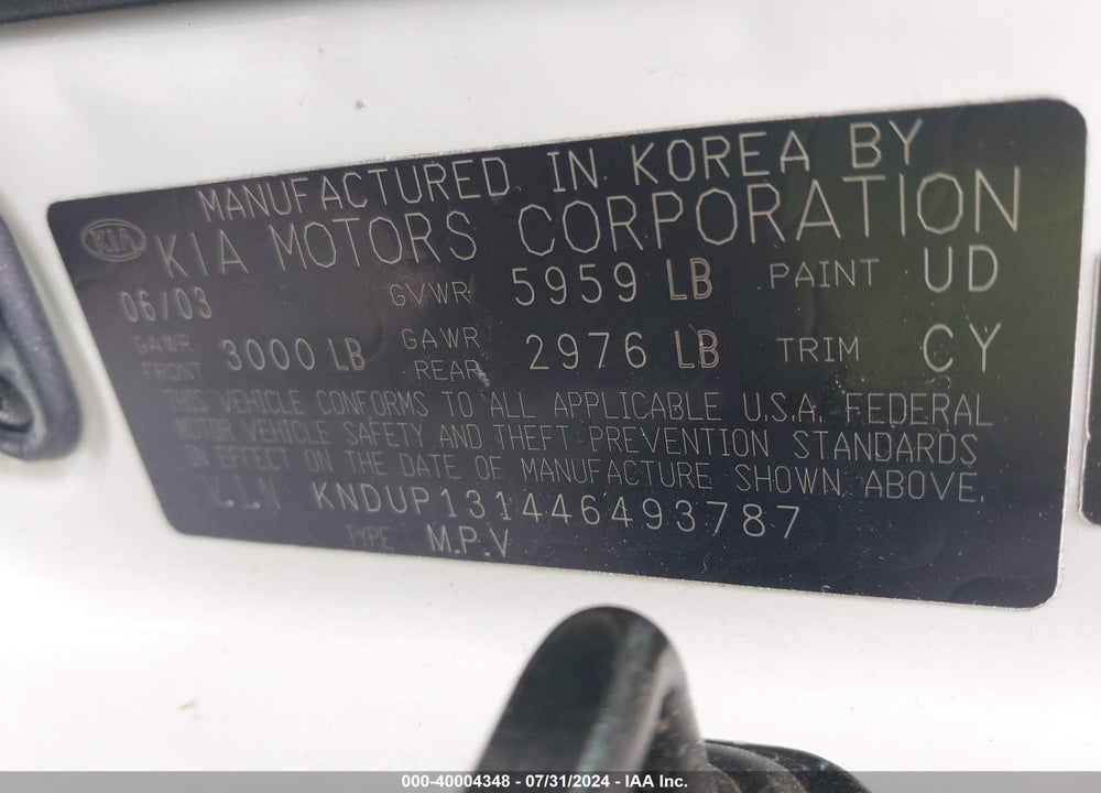 2004 KIA SEDONA VIN: KNDUP131446493787