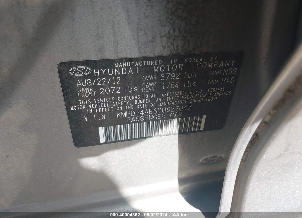 2013 HYUNDAI ELANTRA GLS (ULSAN PLANT) VIN: KMHDH4AE6DU627047