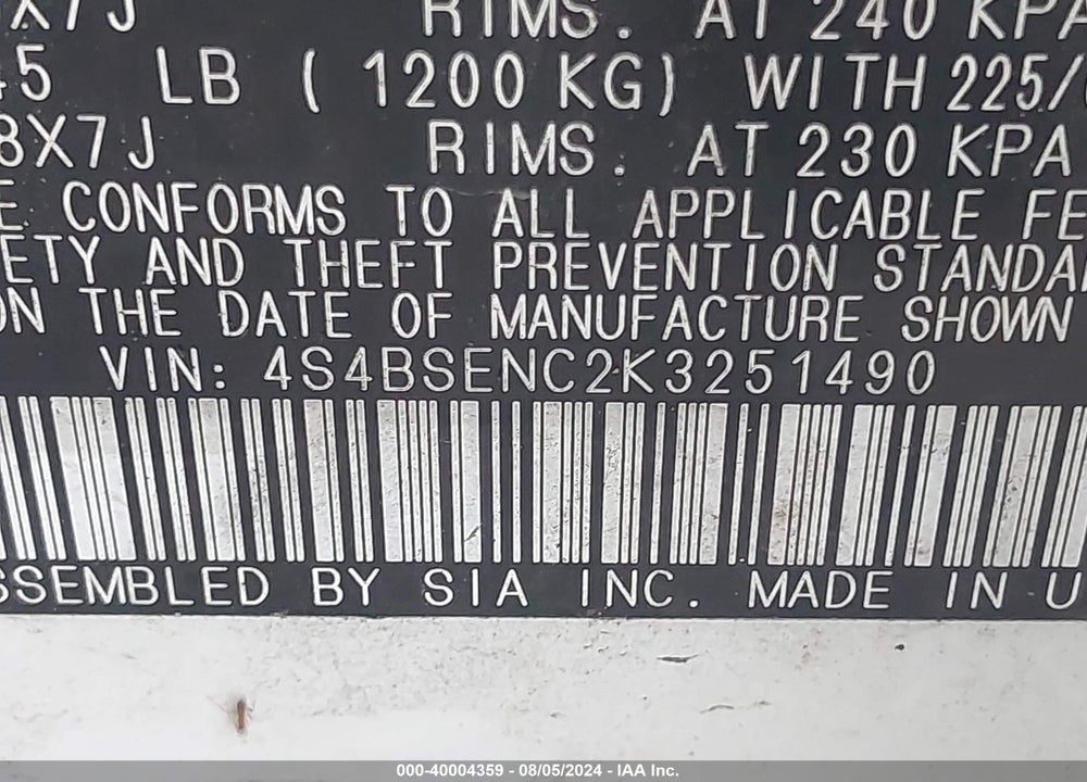 2019 SUBARU OUTBACK 3.6R LIMITED VIN: 4S4BSENC2K3251490