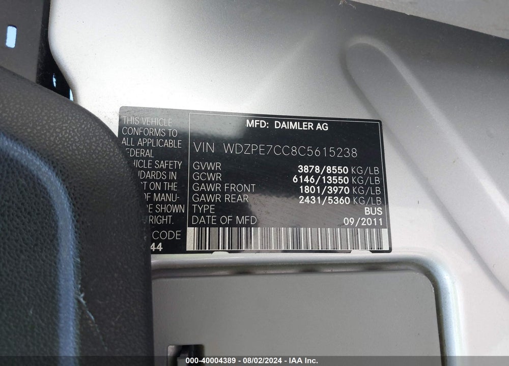 2012 MERCEDES-BENZ SPRINTER 2500 NORMAL ROOF VIN: WDZPE7CC8C5615238