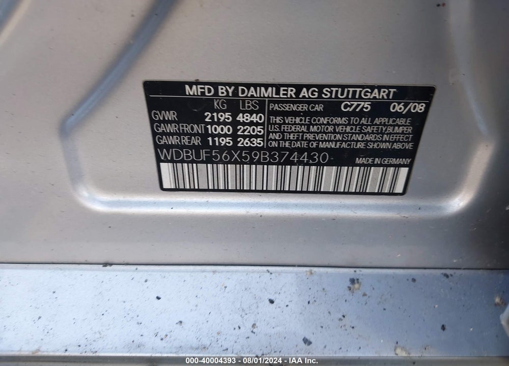 2009 MERCEDES-BENZ E 350 VIN: WDBUF56X59B374430