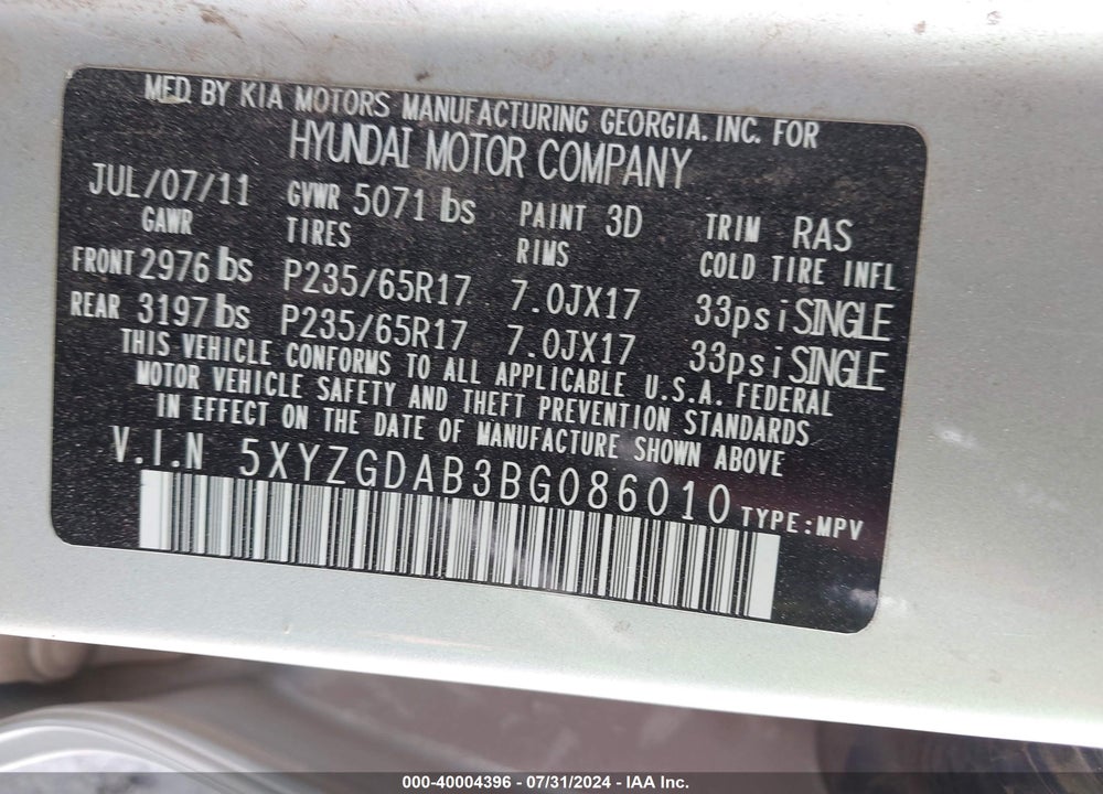 2011 HYUNDAI SANTA FE GLS VIN: 5XYZGDAB3BG086010