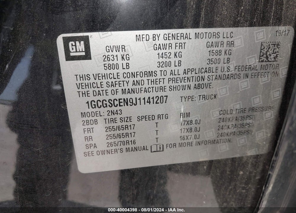 2018 CHEVROLET COLORADO LT VIN: 1GCGSCEN9J1141207