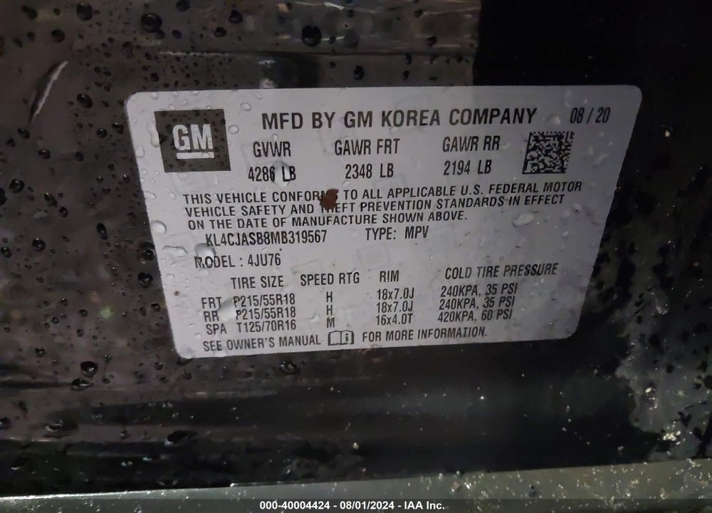 2021 BUICK ENCORE FWD PREFERRED VIN: KL4CJASB8MB319567