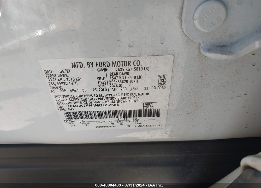 2021 FORD EXPLORER LIMITED VIN: 1FMSK7FH4MGB52588