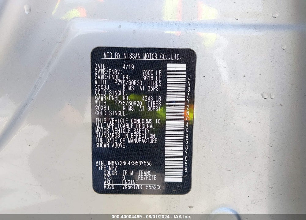 2019 NISSAN ARMADA SL VIN: JN8AY2NC4K9587558