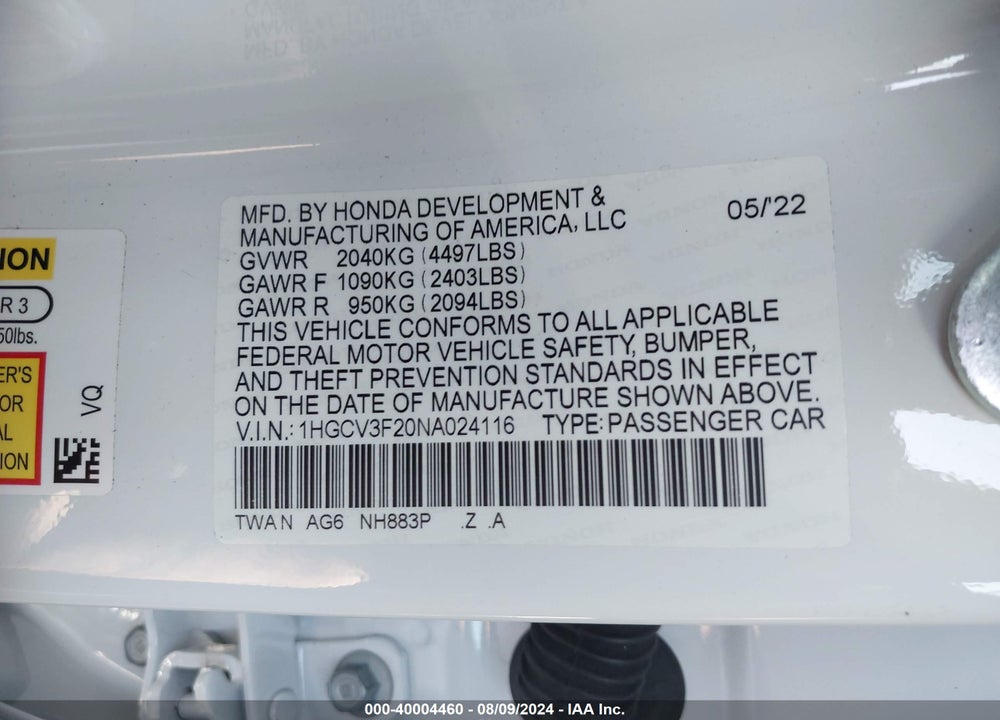2022 HONDA ACCORD HYBRID SPORT VIN: 1HGCV3F20NA024116