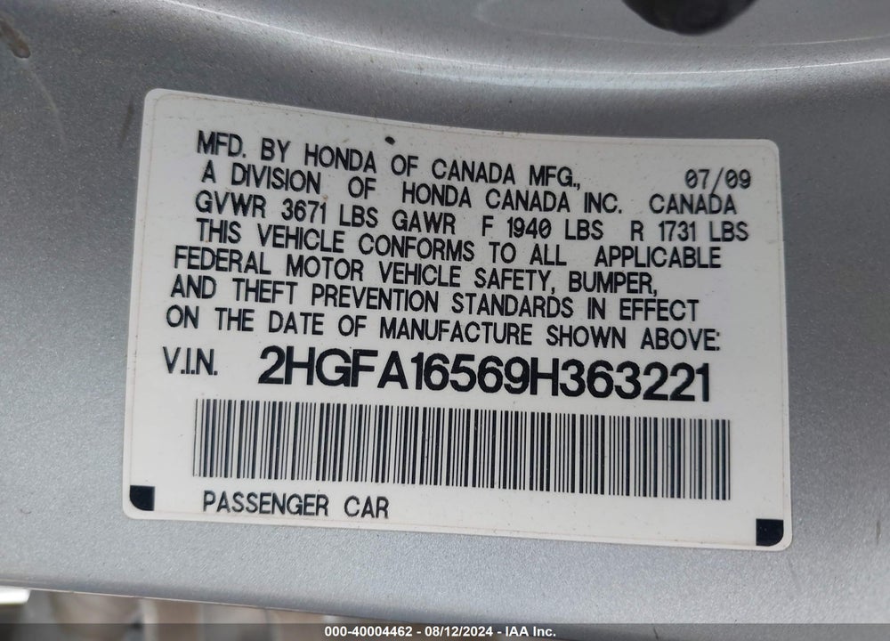 2009 HONDA CIVIC LX VIN: 2HGFA16569H363221