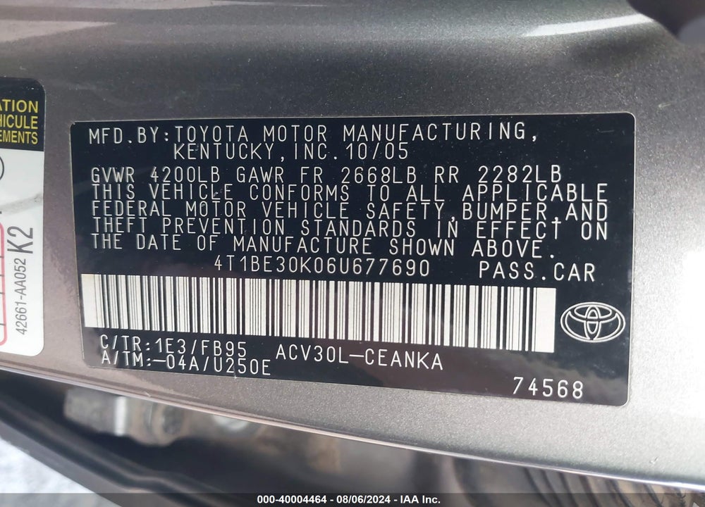 2006 TOYOTA CAMRY LE VIN: 4T1BE30K06U677690