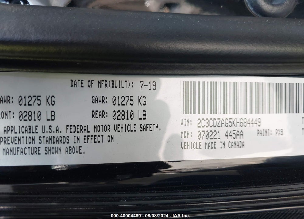 2019 DODGE CHALLENGER SXT VIN: 2C3CDZAG5KH684449