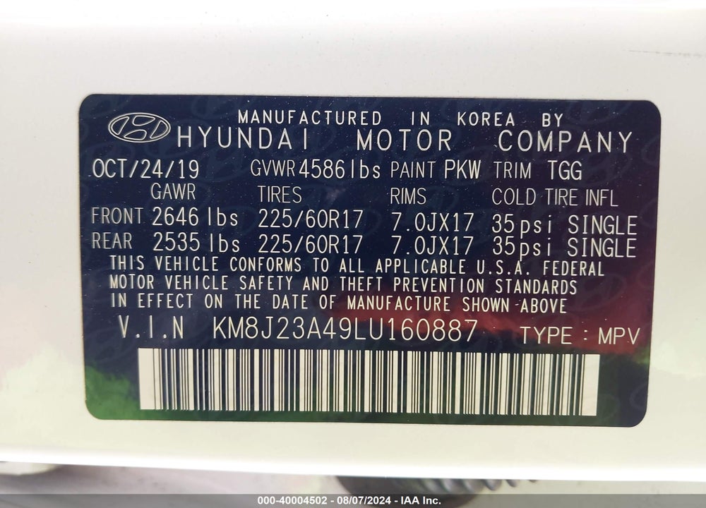 2020 HYUNDAI TUCSON SE VIN: KM8J23A49LU160887