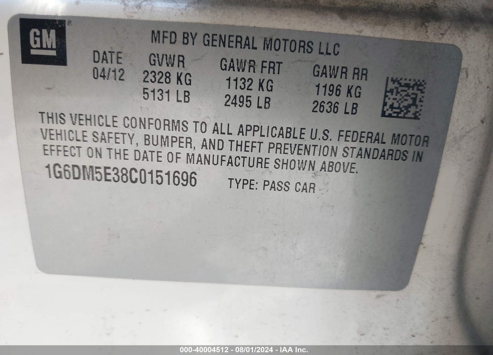 2012 CADILLAC CTS PERFORMANCE VIN: 1G6DM5E38C0151696
