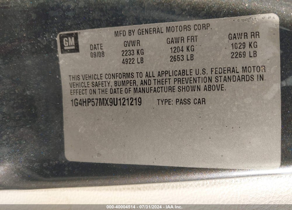 2009 BUICK LUCERNE VIN: 1G4HP57MX9U121219