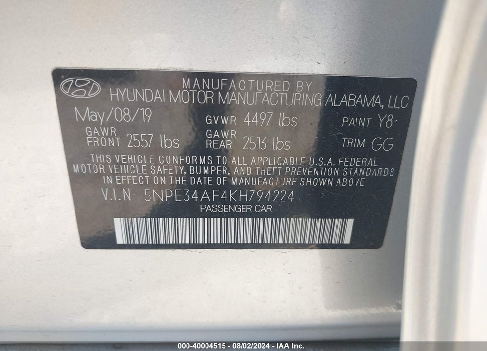 2019 HYUNDAI SONATA SEL VIN: 5NPE34AF4KH794224