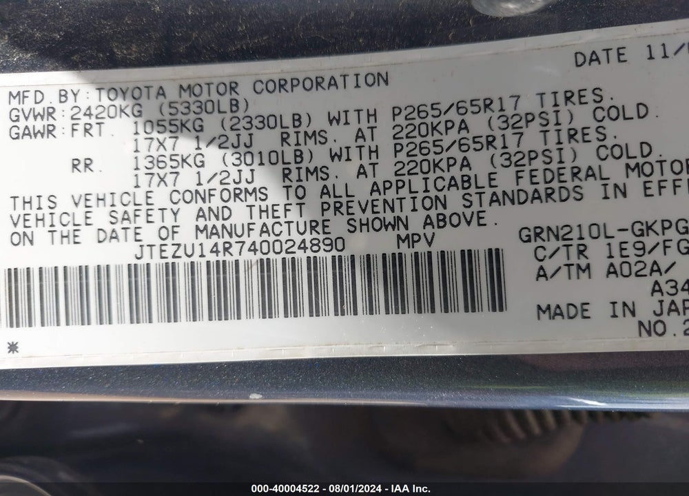 2004 TOYOTA 4RUNNER SR5 V6 VIN: JTEZU14R740024890
