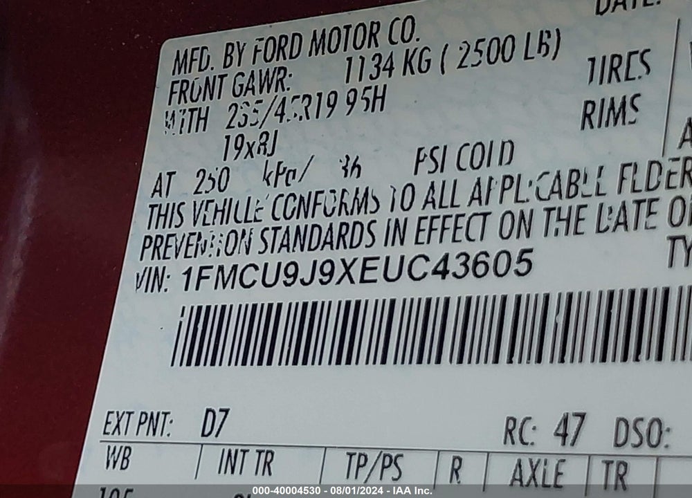 2014 FORD ESCAPE TITANIUM VIN: 1FMCU9J9XEUC43605