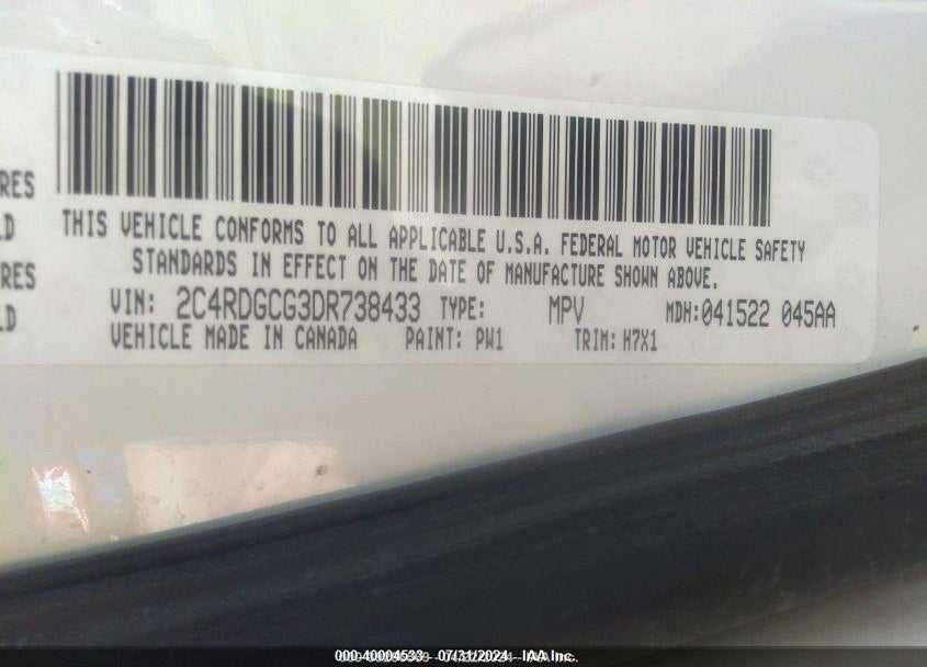 2013 DODGE GRAND CARAVAN SXT VIN: 2C4RDGCG3DR738433
