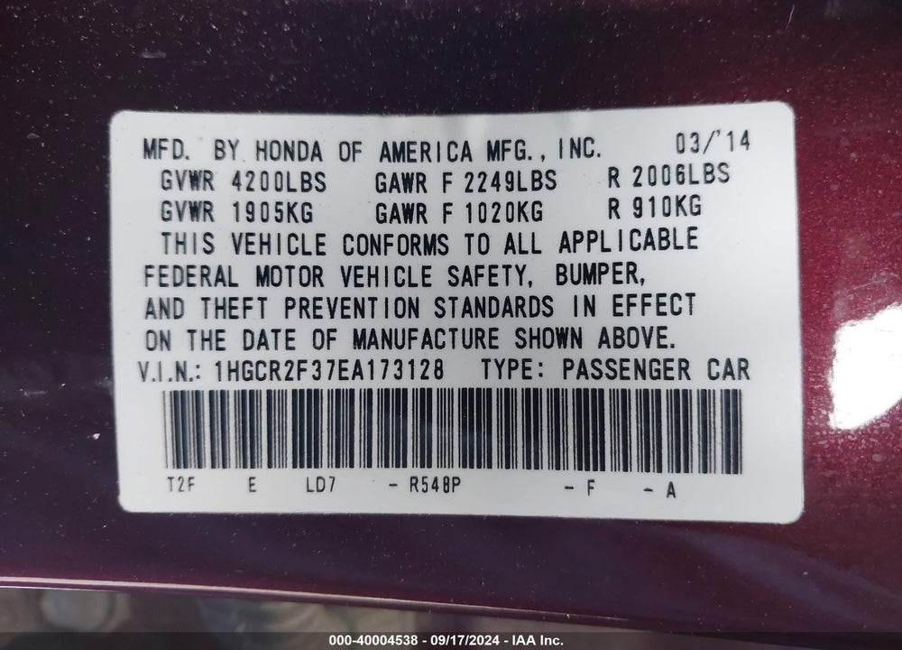 2014 HONDA ACCORD VIN: 1HGCR2F37EA173128