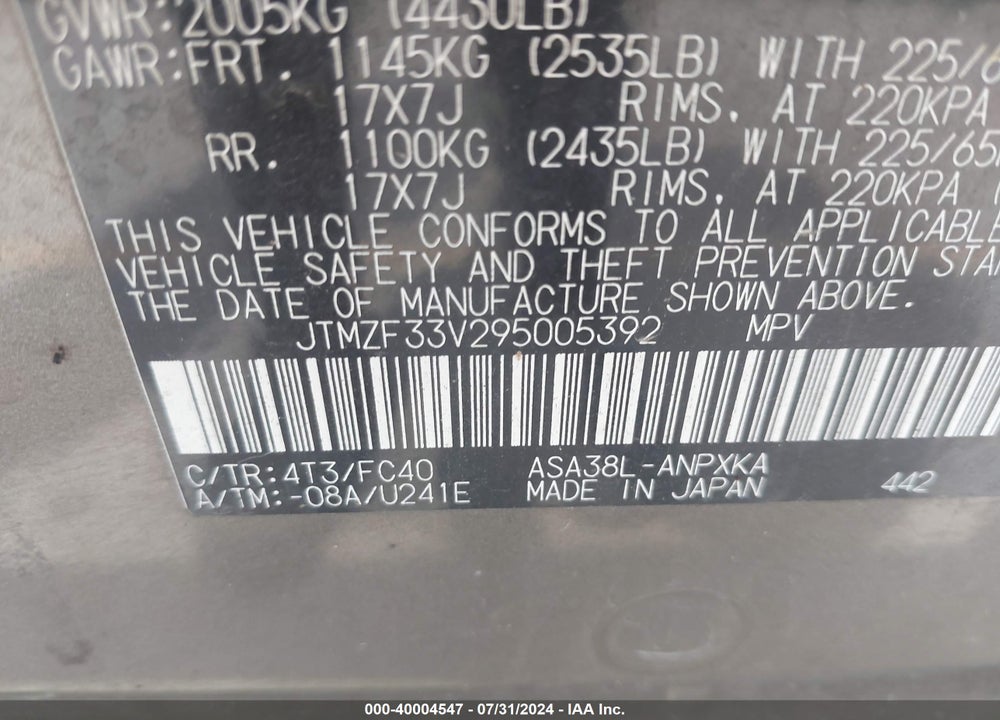 2009 TOYOTA RAV4 VIN: JTMZF33V295005392