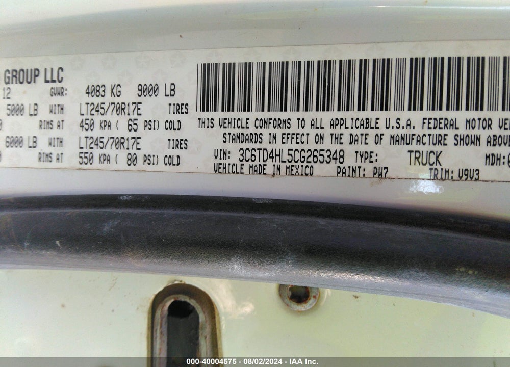 2012 RAM 2500 ST VIN: 3C6TD4HL5CG265348