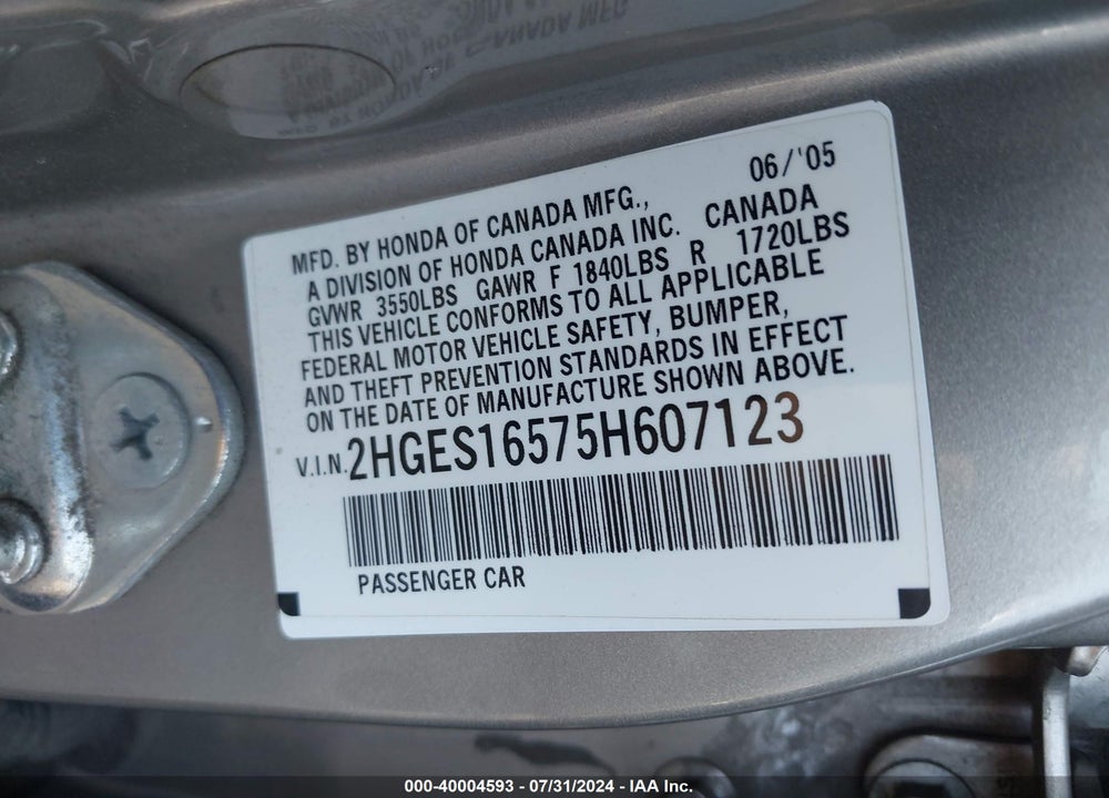 2005 HONDA CIVIC LX VIN: 2HGES16575H607123