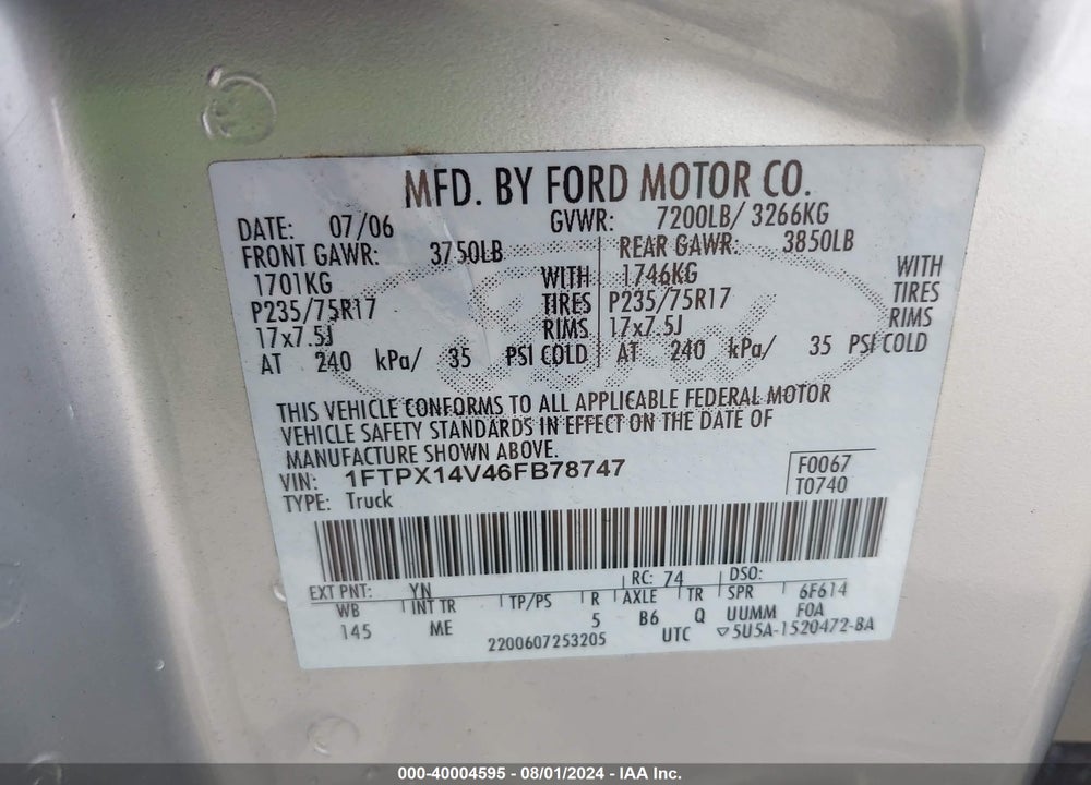 2006 FORD F-150 FX4/LARIAT/XL/XLT VIN: 1FTPX14V46FB78747