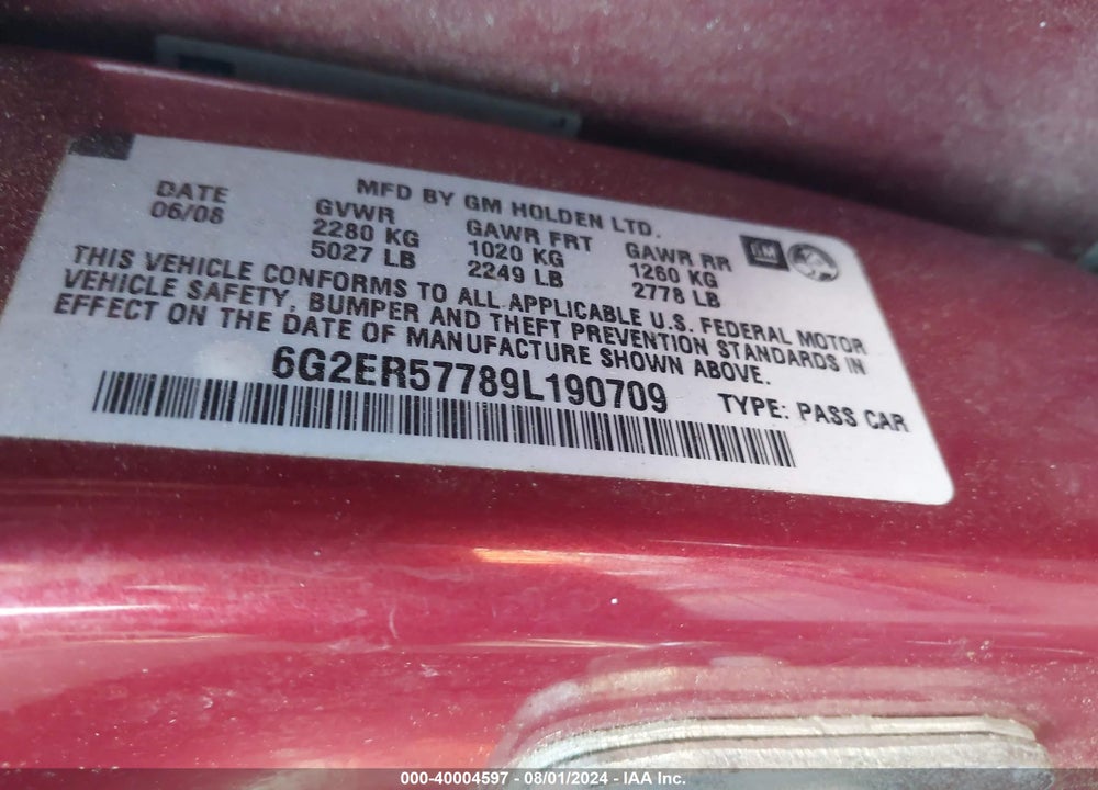 2009 PONTIAC G8 VIN: 6G2ER57789L190709